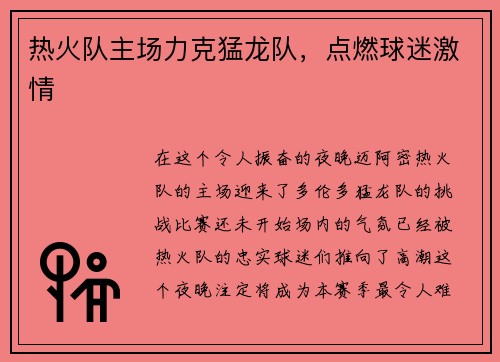 热火队主场力克猛龙队，点燃球迷激情