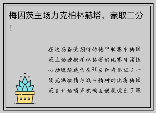 梅因茨主场力克柏林赫塔，豪取三分！